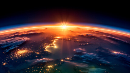 sunrise above the earth curvature as seen from space including polar lights. Generative AI