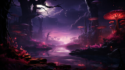 Fototapeta premium landscape with water and moon, star forest with magic mountains, generative ai
