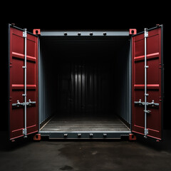 Open empty red cargo container with open doors waiting for the load for the next delivery and shipping. isolated on black background. Generative ai