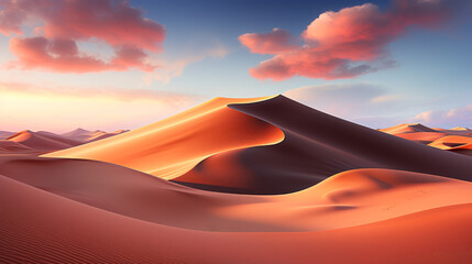 Sand dunes with sky and clouds during sun set, generative ai