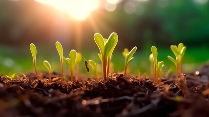 The first young green little sprouts of plants in the dew grow from the ground at dawn in the sunlight on a spring morning. Generative AI