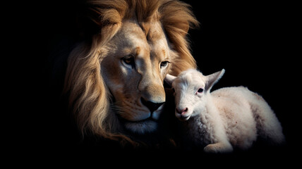 Fototapeta premium The Lion and the Lamb together. Image on black background created. Generative AI