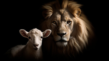 The Lion and the Lamb together. Image on black background created. Generative AI