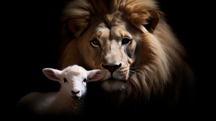 Fototapeta premium The Lion and the Lamb together. Image on black background created. Generative AI
