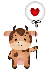 Adorable cow holding a balloon with heart