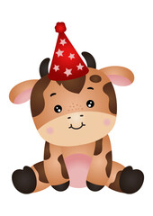 Adorable cow with party hat on head