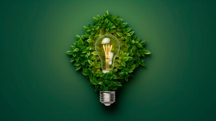 Top View Vector Illustration: Green Eco-Friendly Lightbulb from Fresh Leaves for Energy Saving and Environmental Sustainability. Generative AI