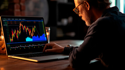Trader with laptop looking at financial bitcoin cryptocurrency crypto graph data trade. Generative AI
