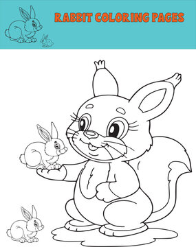 Happy baby and mom rabbit coloring pages,  vector animal cartoon images 