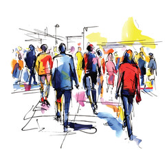 vector illustration: crowd of people walking along city street. Sketch made with marker and watercolor