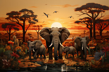 African wildlife, creating a visual tapestry that celebrates the rich cultural heritage and natural beauty of the safari environment. Generative AI