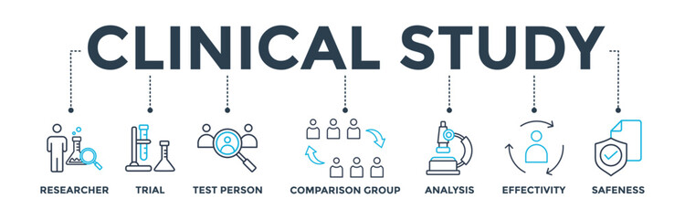 Clinical study banner web icon vector illustration concept for clinical trial research with an icon of researcher, trial, test person, comparison group, analysis, effectivity, and safeness