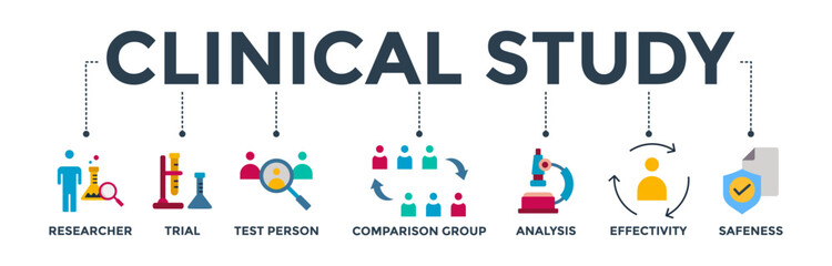 Clinical study banner web icon vector illustration concept for clinical trial research with an icon of researcher, trial, test person, comparison group, analysis, effectivity, and safeness
