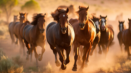 Obraz premium Wild horses running in a herd. Generative AI