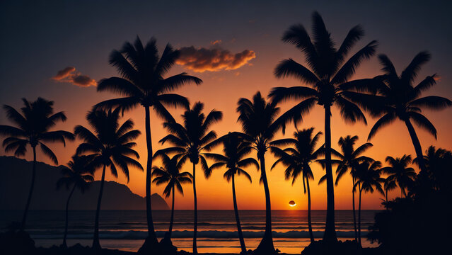 Silhouette of palm trees on the beach at sunset. Vintage style.