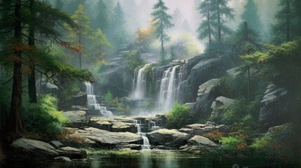 Obraz premium waterfall in the mountains, waterfall in summer pine fog forest, generative ai
