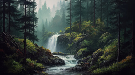 Fototapeta premium waterfall in the mountains, waterfall in summer pine fog forest, generative ai