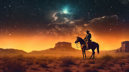 Obraz na płótnie Canvas sunset in the mountains, western cowboy riding his horse at sunset with stars, generative ai