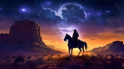 sunset in the mountains, western cowboy riding his horse at sunset with stars, generative ai