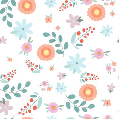 Seamless pattern with pastel flowers, leaves and berries on white background. Vector illustration.