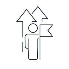 Man with flag and up arrow. Achieve new productive success.Vector linear icon isolated on white background.