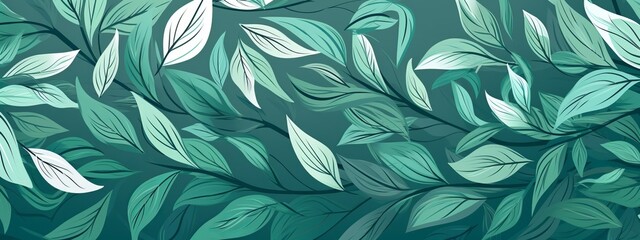 Abstract floral organic leaf texture wallpaper banner illustration - Art green leaves print pattern background (Generative Ai)