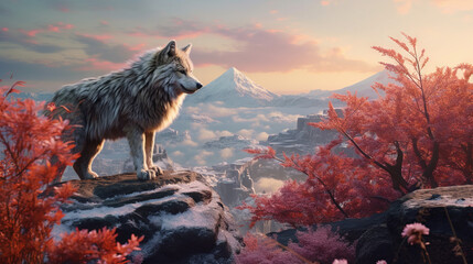 Wolf in asian landscape, generative ai