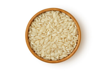 Carnaroli rice in wooden bowl on white background