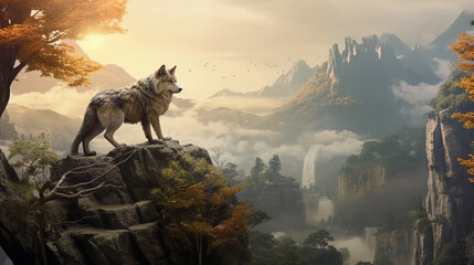Obraz na płótnie Canvas Wolf in asian landscape, generative ai