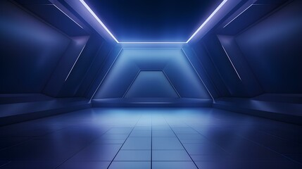 Empty geometrical Room in Indigo Colors with beautiful Lighting. Futuristic Background for Product Presentation.