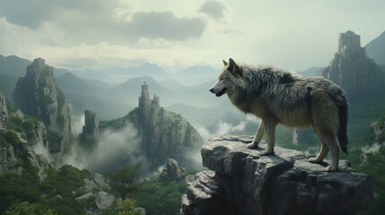 Wolf in asian landscape, generative ai