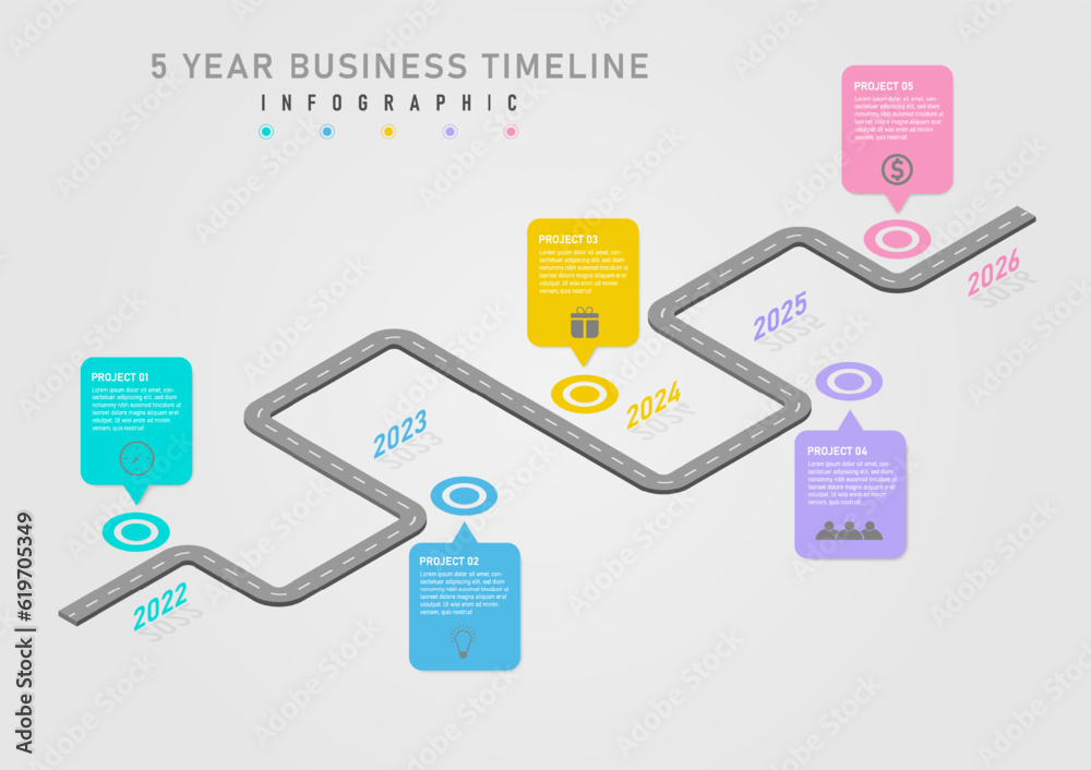 Wall mural 3d business infographic timeline 5 years road center circle with multicolored squares center letters