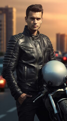 Fototapeta na wymiar Young man in leather jacket next to motorcycle, generative ai