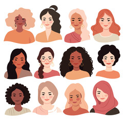 Beautiful diverse women, girls, isolated on white. Flat style vector illustration. Female cartoon characters set.Feminism, gender equality concept