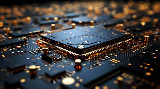 Detailed technology texture background in golden colors. GPU or CPU concept.