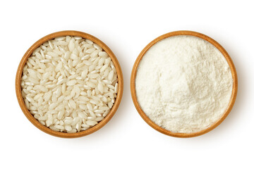 Grains and flour of rice in wooden bowl on white background