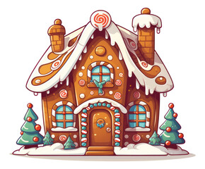 Cute cartoon Christmas gingerbread house illustration isolated.