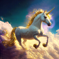 Obraz na płótnie Canvas Magical unicorn in the sky standing on golden clouds