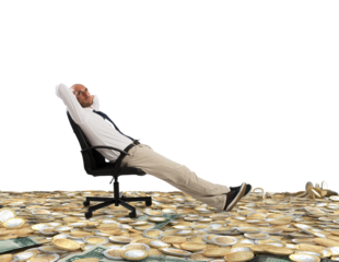 Successful  businessman relaxing on a deckchair above an expanse of money