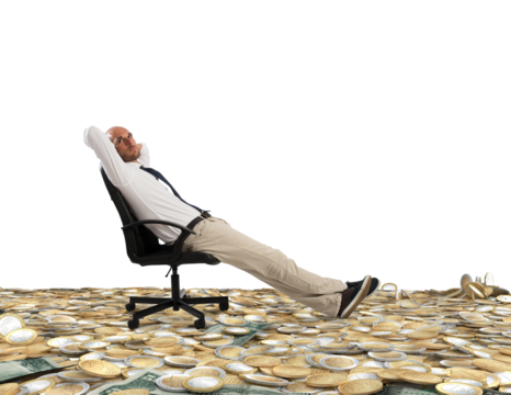 Successful  businessman relaxing on a deckchair above an expanse of money