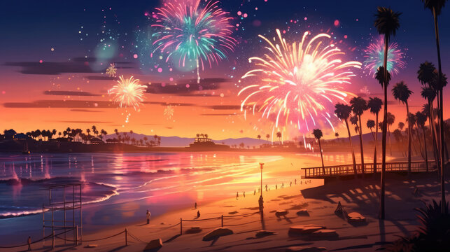 The colorful festive fireworks in beach, HD, Background Wallpaper, Desktop Wallpaper