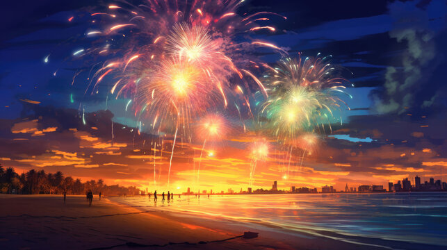 The colorful festive fireworks in beach, HD, Background Wallpaper, Desktop Wallpaper