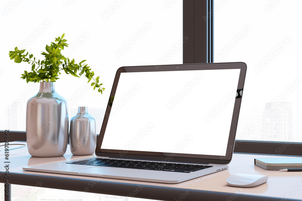 Aufkleber Close up of modern designer office desktop with white mock up computer screen, decorative vase with plant, other objects and window with city view in the background. 3D Rendering.