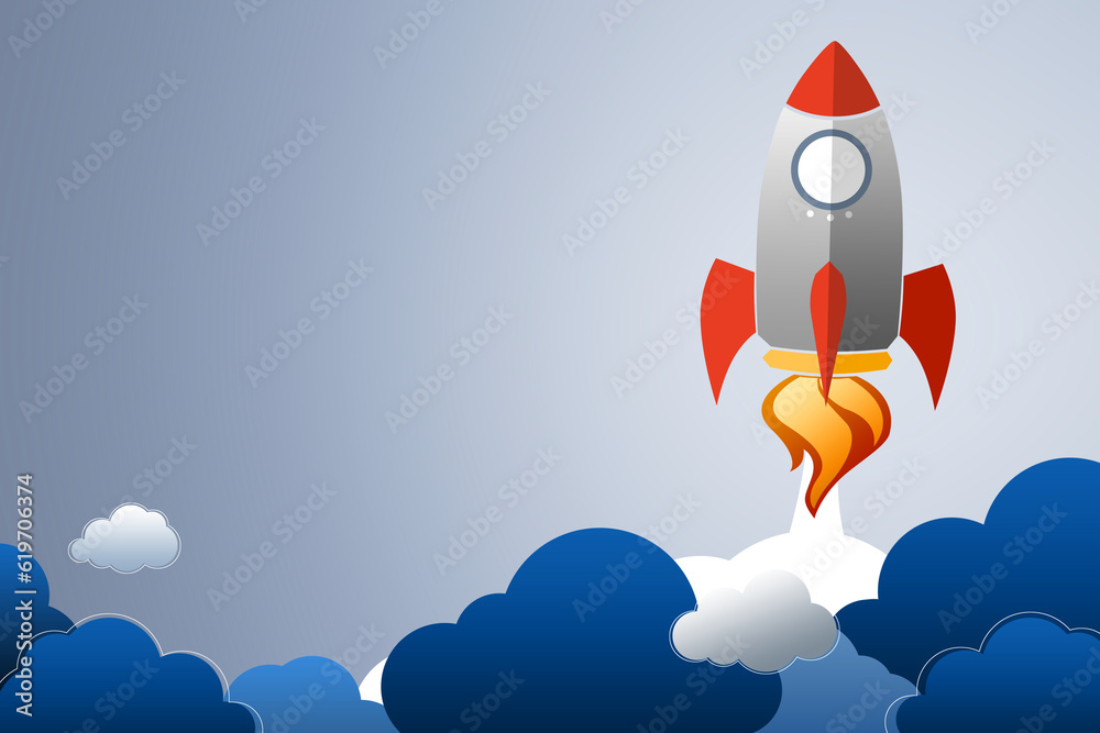 Aufkleber Creative rocket ship sketch on gray background with mock up place. Content launch and spaceship concept. 3D Rendering.