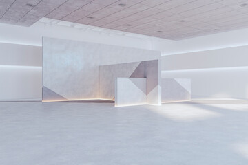Contemporary concrete exhibition hall interior with sunlight and shadows. Museum and art concept. 3D Rendering.