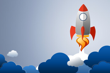 Creative rocket ship sketch on gray background with mock up place. Content launch and spaceship concept. 3D Rendering.