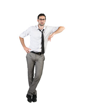 Isolated confident and serene  businessman leaning on something