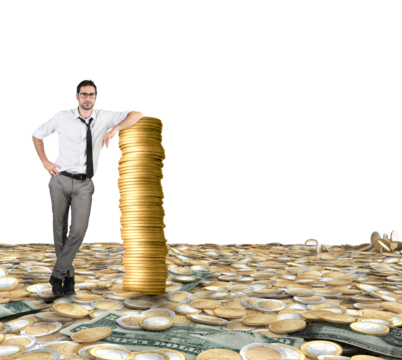 Successful  businessman with a pile of golden money