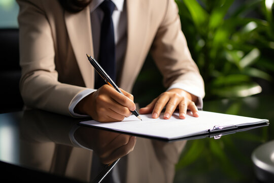 Business Document Signing Woman. European Executive At Brightly Lit Office Table, Professional Corporate Contract Agreement, Work Photo. Generative AI.