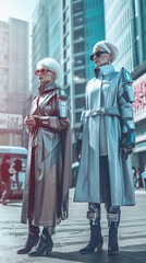 Fashionable grey-haired elderly women pensioners in sunglasses and in futuristic clothes on the street of the city, generated by AI